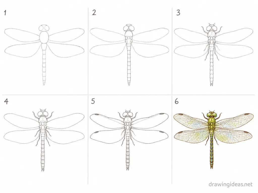 How to draw a dragonfly step by step — 6-step dragonfly drawing tutorial grid