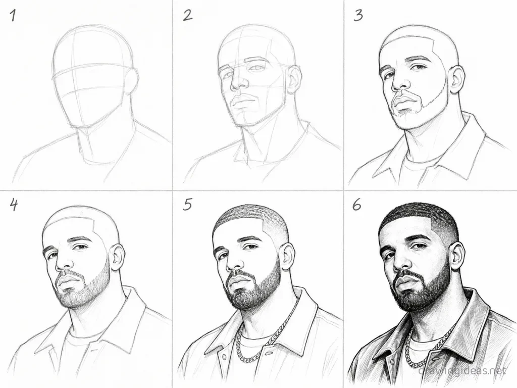 How to draw Drake step by step — 6-step Drake drawing tutorial grid
