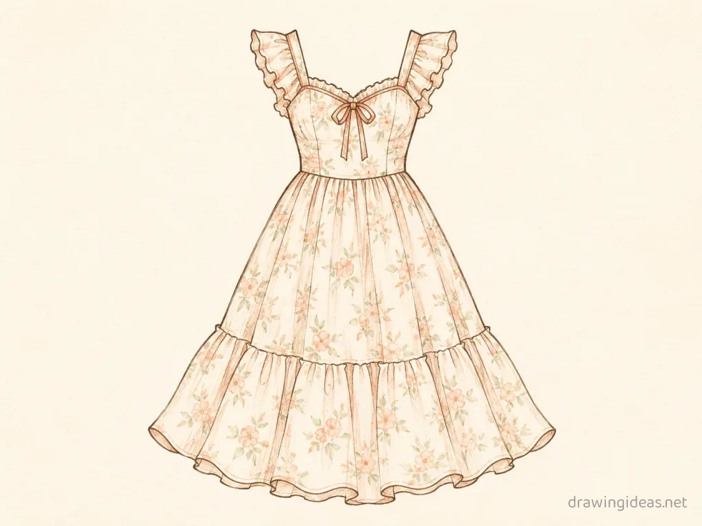 Dress drawing — hand-drawn dress illustration with ink lines and soft colors