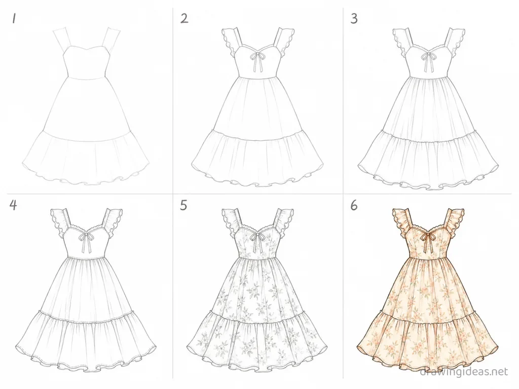 How to draw a dress step by step — 6-step dress drawing tutorial grid