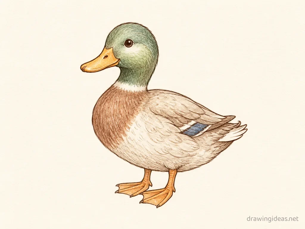 Duck drawing — hand-drawn duck illustration with ink lines and soft colors