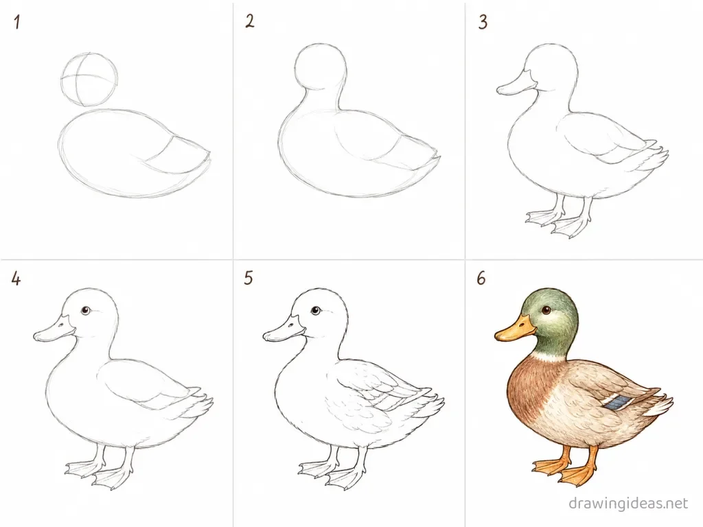 How to draw a duck step by step — 6-step duck drawing tutorial grid
