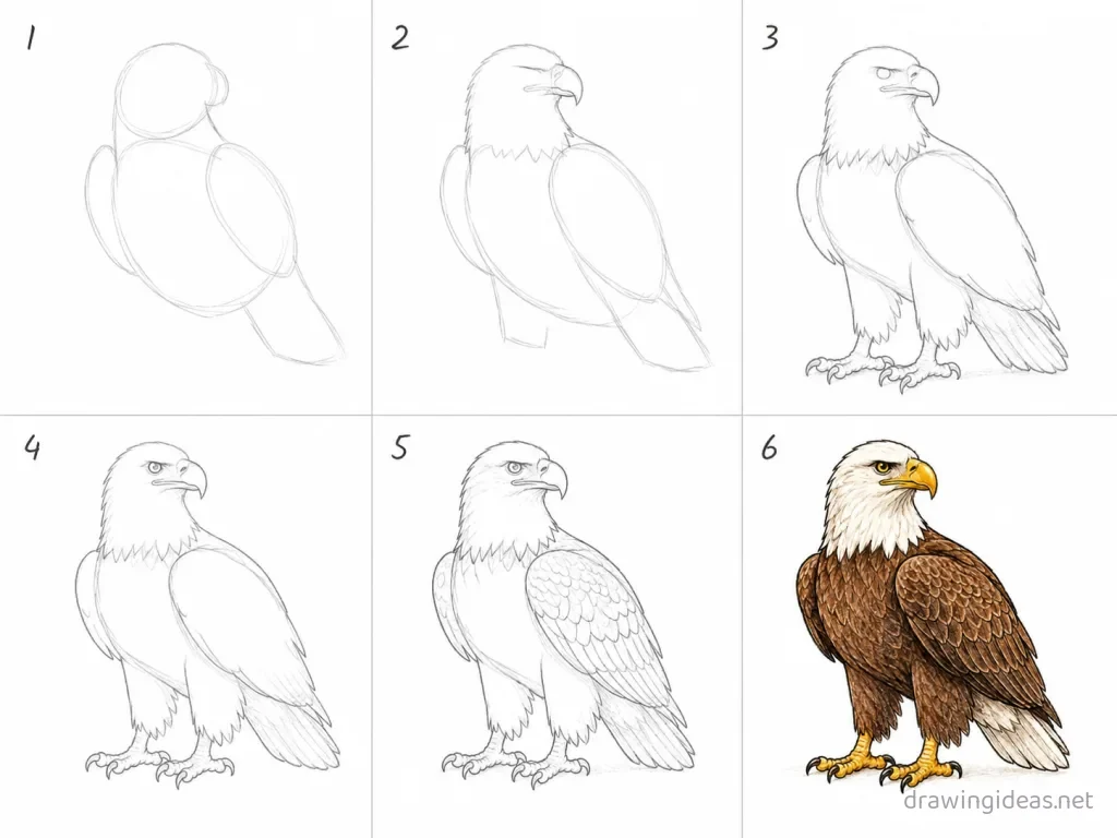 How to draw an eagle step by step — 6-step eagle drawing tutorial grid