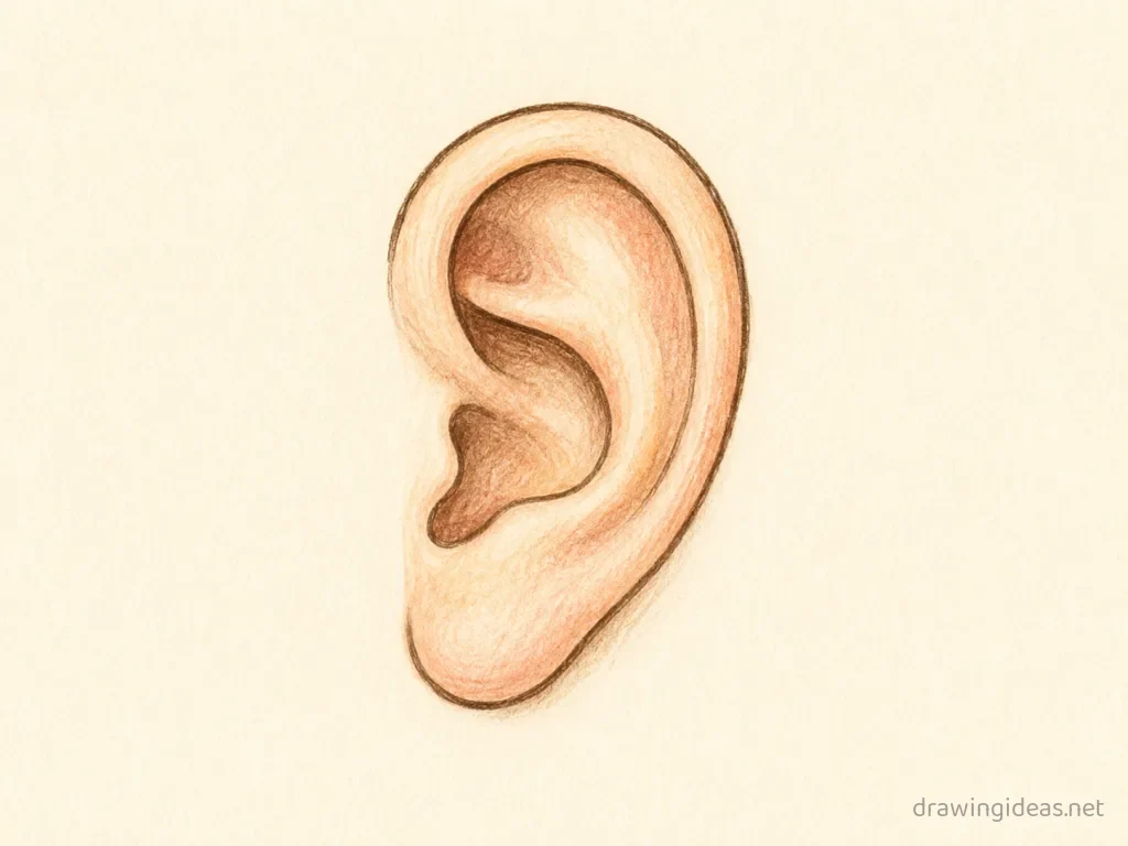 Ear drawing — hand-drawn ear illustration with ink lines and soft colors