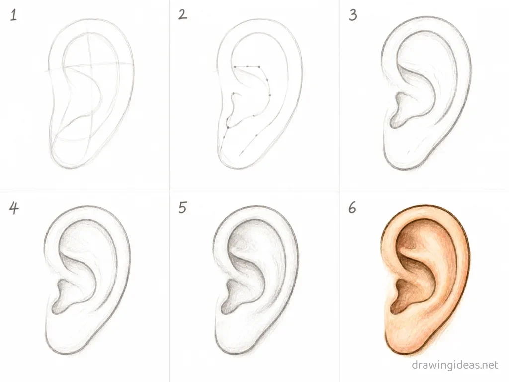 How to draw an ear step by step — 6-step ear drawing tutorial grid