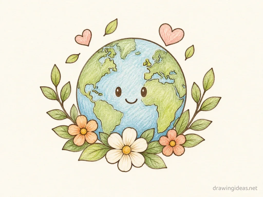 Earth Day drawing — hand-drawn Earth Day illustration with ink lines and soft colors