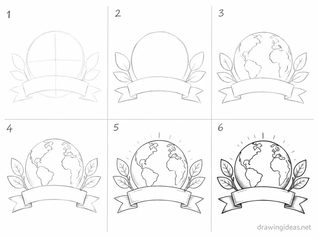 How to draw Earth Day step by step — 6-step Earth Day drawing tutorial grid