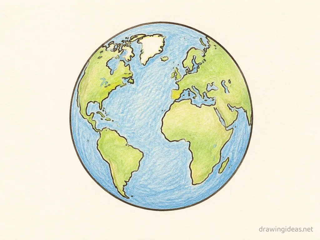 Earth drawing — hand-drawn Earth illustration with ink lines and soft colors