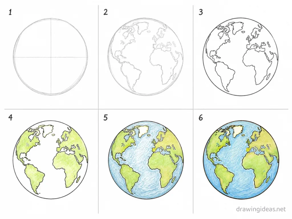 How to draw the Earth step by step — 6-step Earth drawing tutorial grid