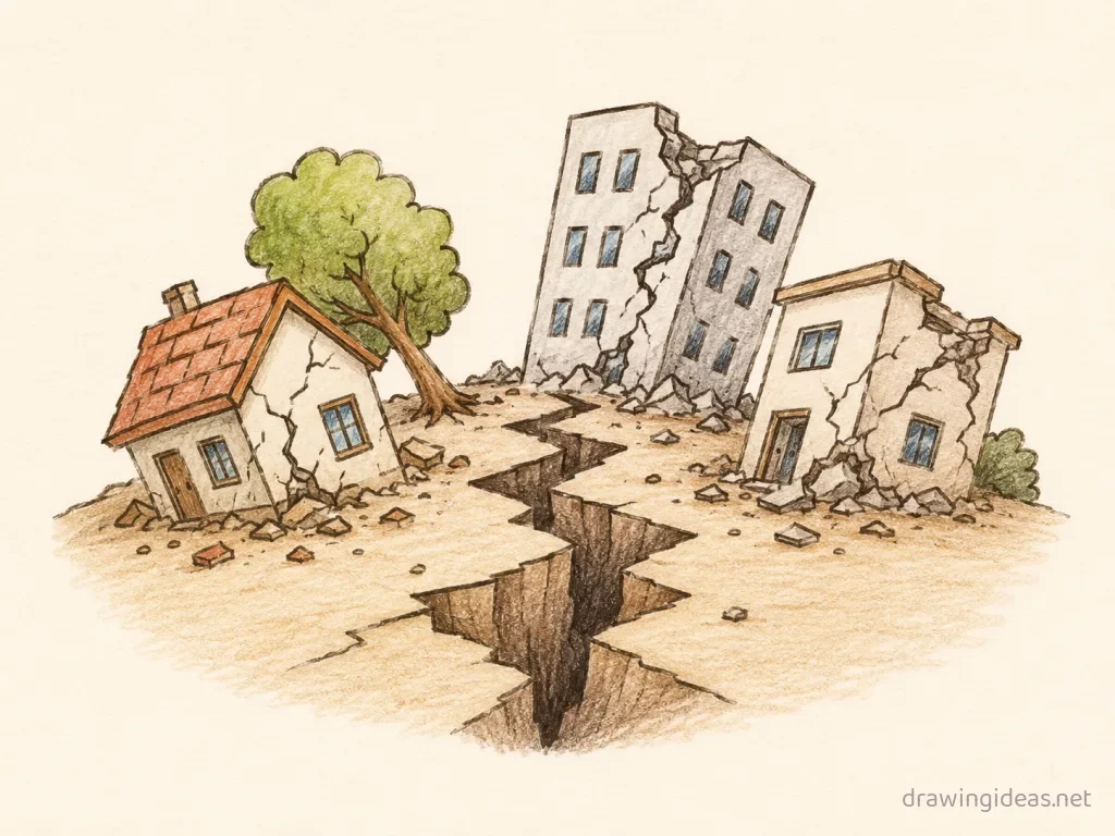 Earthquake drawing — hand-drawn earthquake illustration with ink lines and soft colors