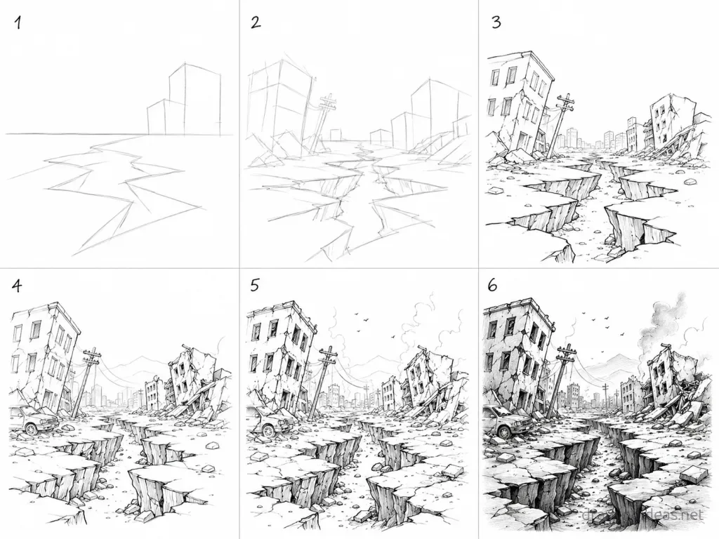How to draw an earthquake step by step — 6-step earthquake drawing tutorial grid
