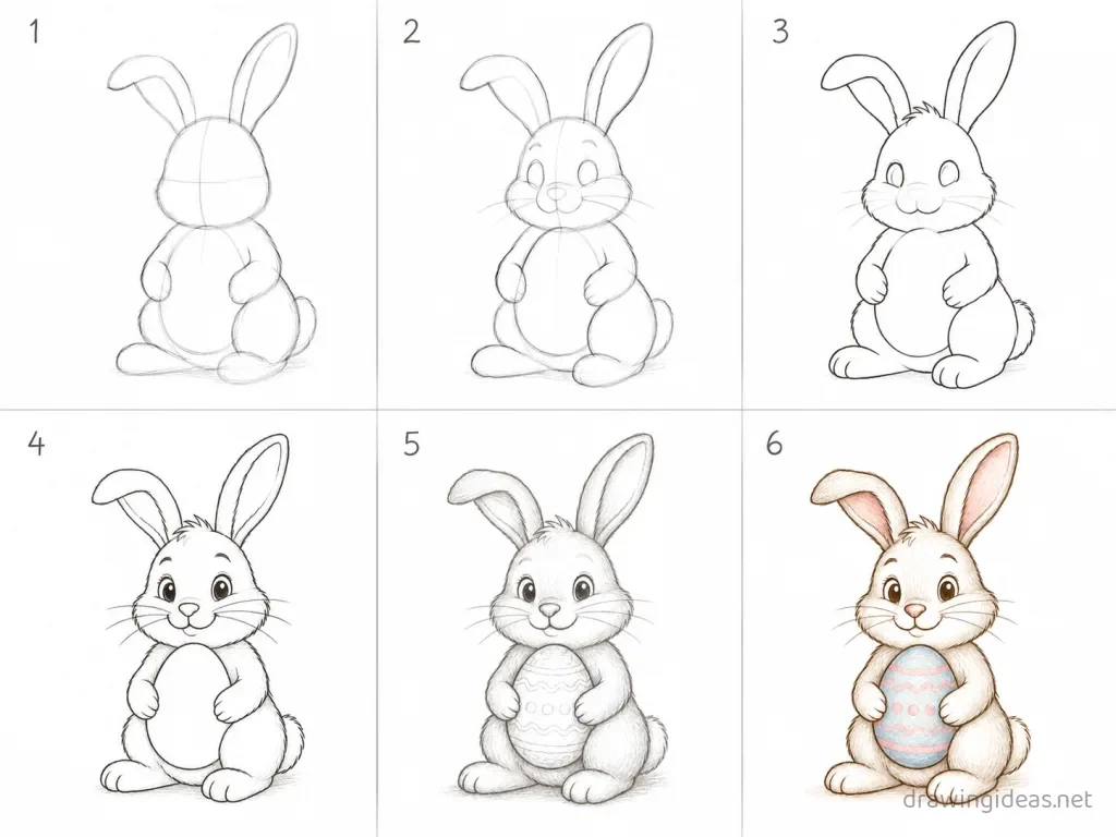How to draw an Easter bunny step by step — 6-step Easter bunny drawing tutorial grid
