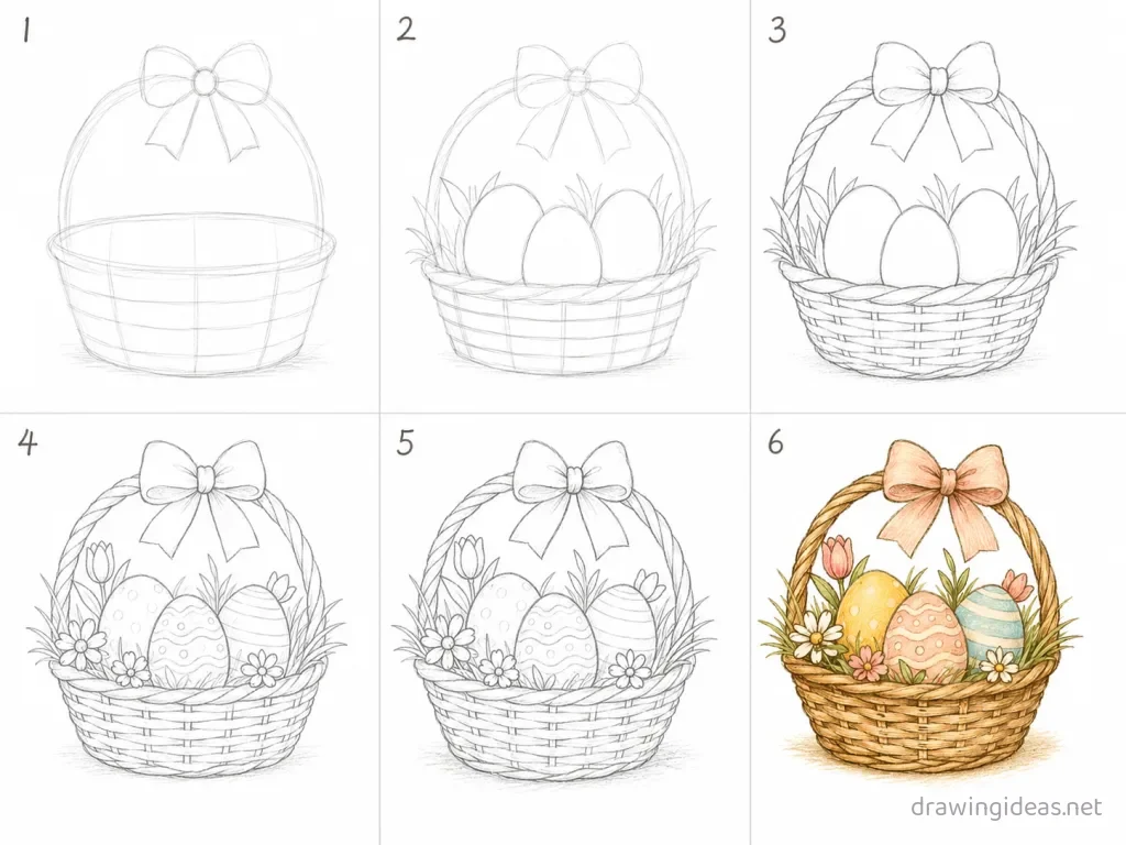 How to draw Easter step by step — 6-step Easter drawing tutorial grid