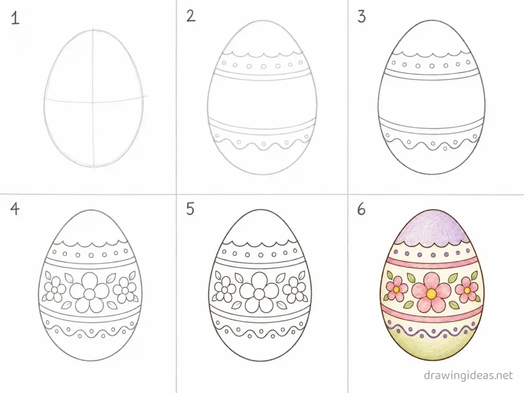 How to draw an Easter egg step by step — 6-step Easter egg drawing tutorial grid