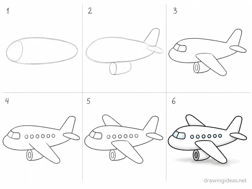 How to draw an airplane step by step — 6-step airplane drawing tutorial grid