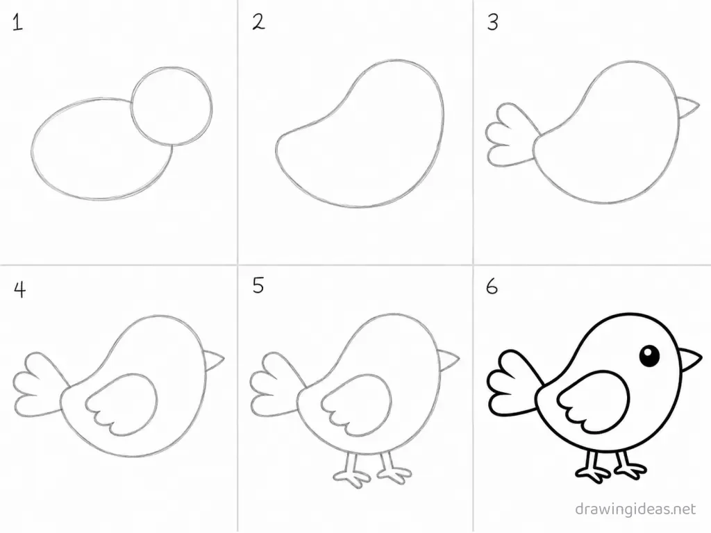 How to draw a bird step by step — 6-step bird drawing tutorial grid