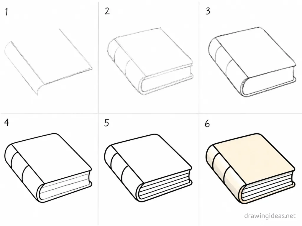 How to draw a book step by step — 6-step book drawing tutorial grid