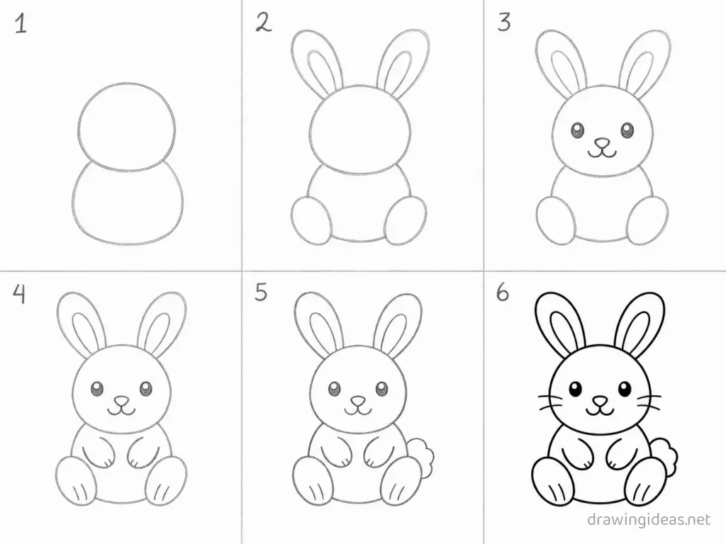 How to draw a bunny step by step — 6-step bunny drawing tutorial grid