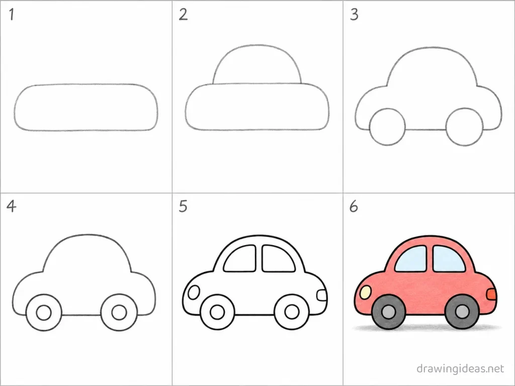 How to draw a car step by step — 6-step car drawing tutorial grid