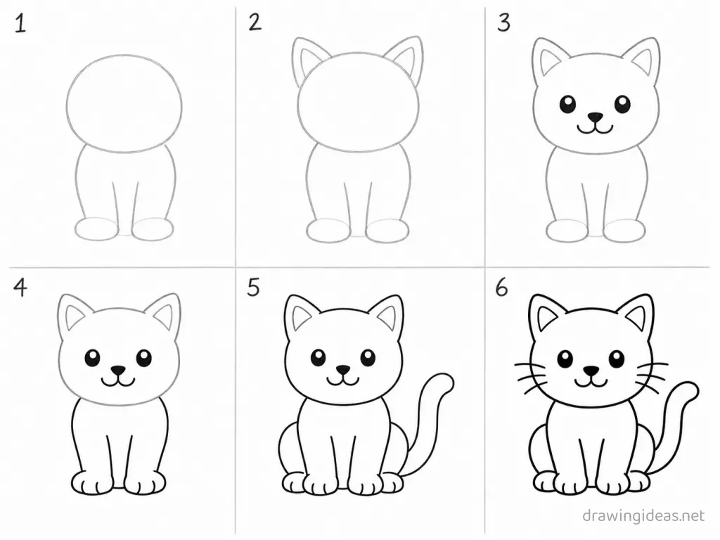 How to draw a cat step by step — 6-step cat drawing tutorial grid