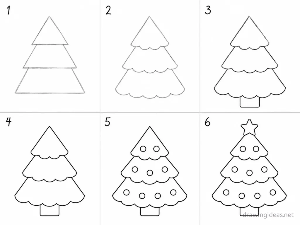 How to draw a Christmas tree step by step — 6-step Christmas tree drawing tutorial grid