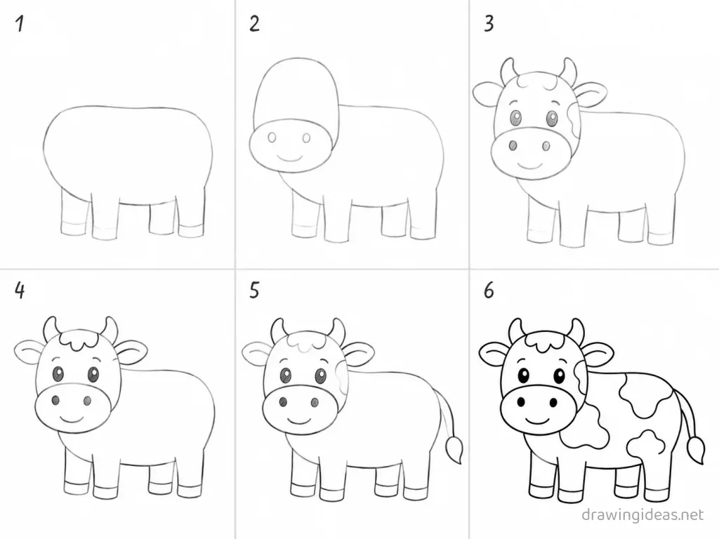 How to draw a cow step by step — 6-step cow drawing tutorial grid