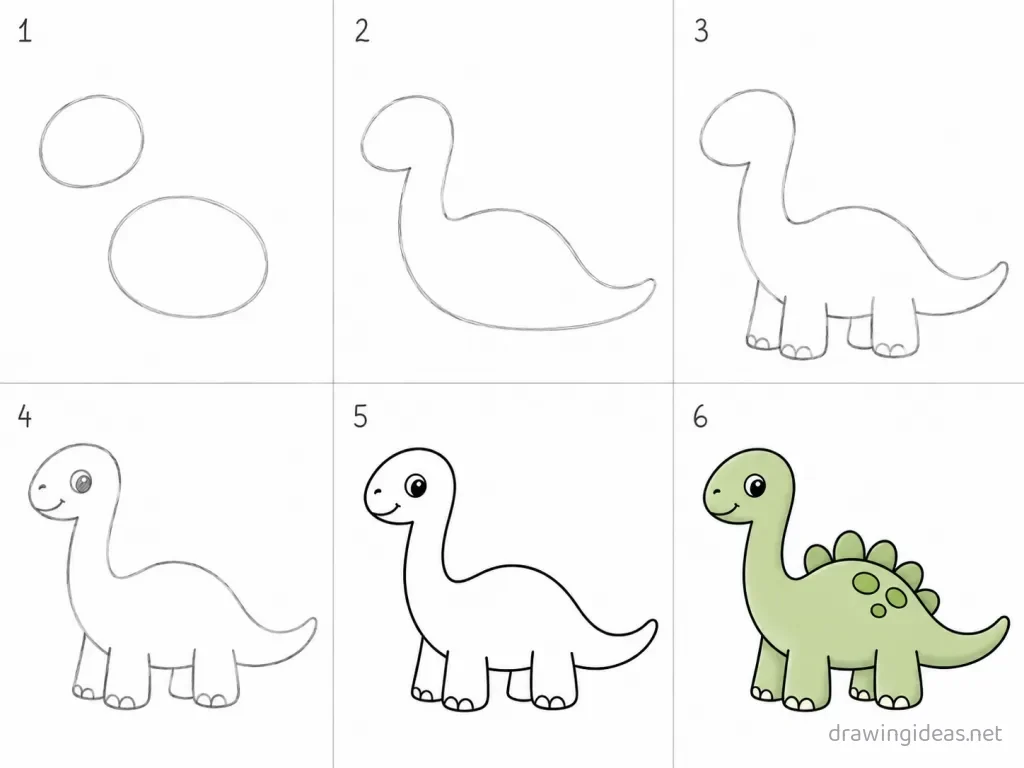 How to draw a dinosaur step by step — 6-step dinosaur drawing tutorial grid