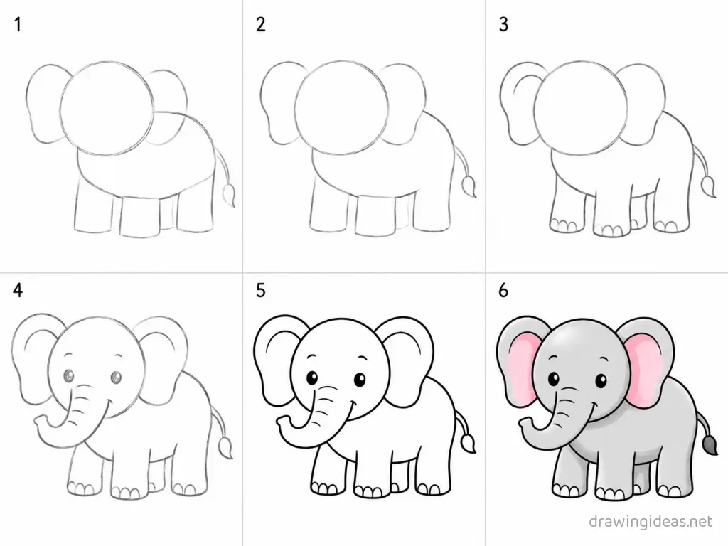 How to draw an elephant step by step — 6-step elephant drawing tutorial grid