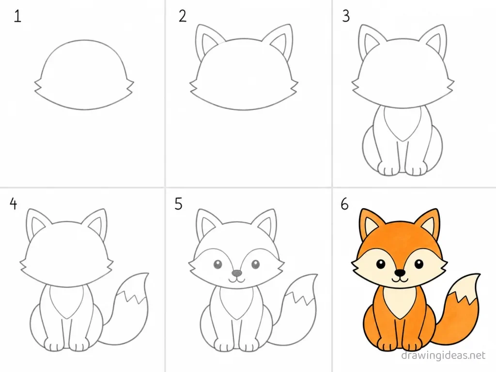 How to draw a fox step by step — 6-step fox drawing tutorial grid