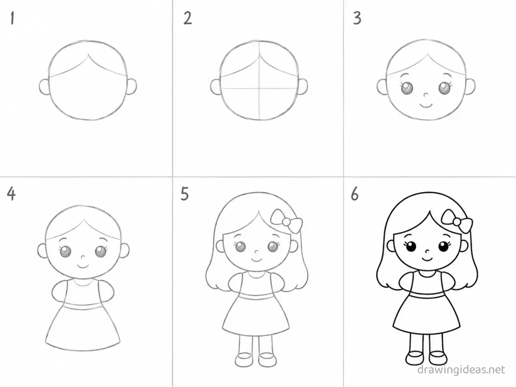 How to draw a girl step by step — 6-step girl drawing tutorial grid