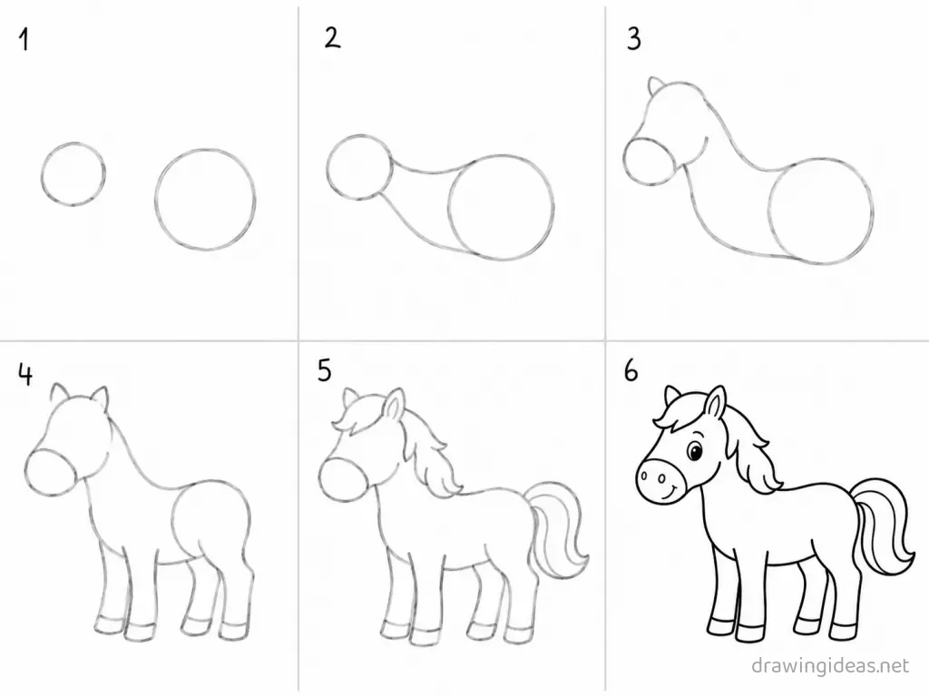 How to draw a horse step by step — 6-step horse drawing tutorial grid