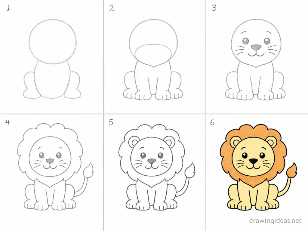 How to draw a lion step by step — 6-step lion drawing tutorial grid