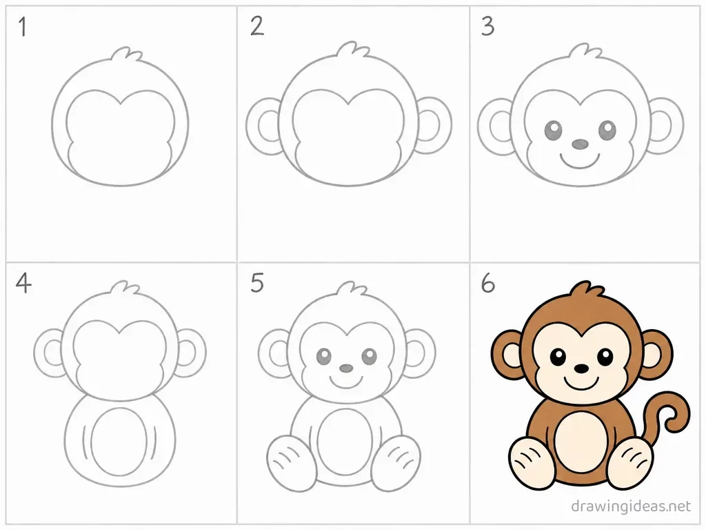 How to draw a monkey step by step — 6-step monkey drawing tutorial grid