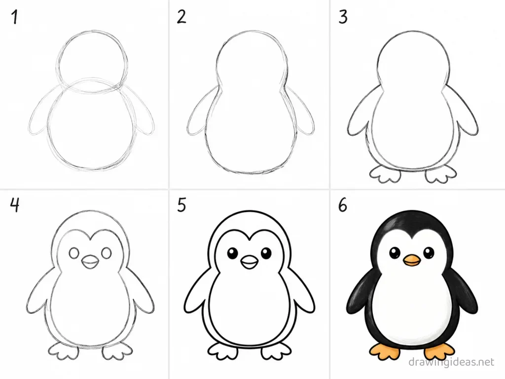 How to draw a penguin step by step — 6-step penguin drawing tutorial grid