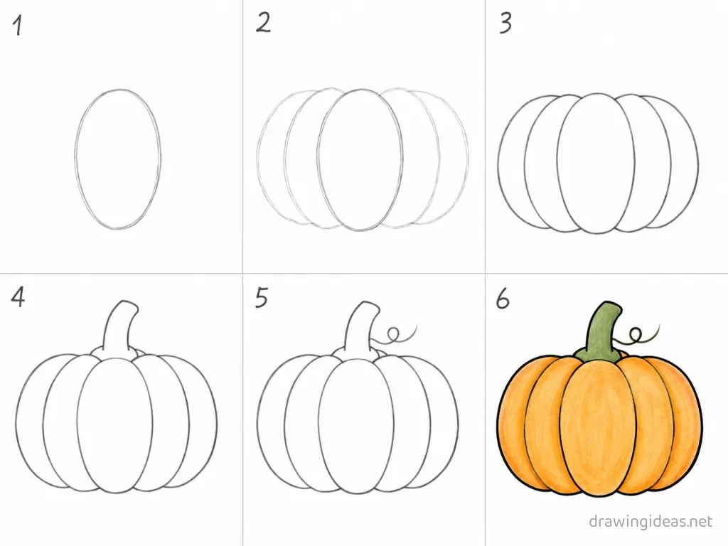How to draw a pumpkin step by step — 6-step pumpkin drawing tutorial grid