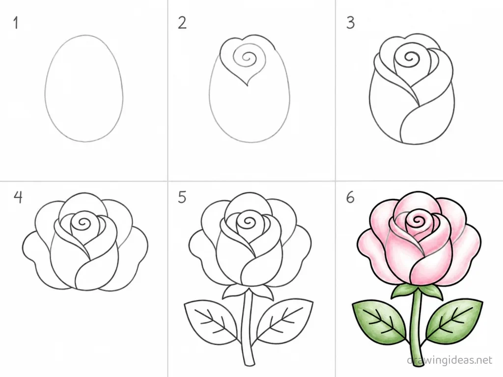 How to draw a rose step by step — 6-step rose drawing tutorial grid