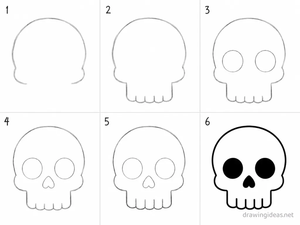 How to draw a skull step by step — 6-step skull drawing tutorial grid