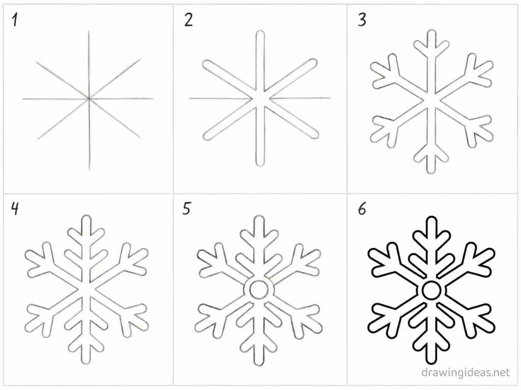 How to draw a snowflake step by step — 6-step snowflake drawing tutorial grid