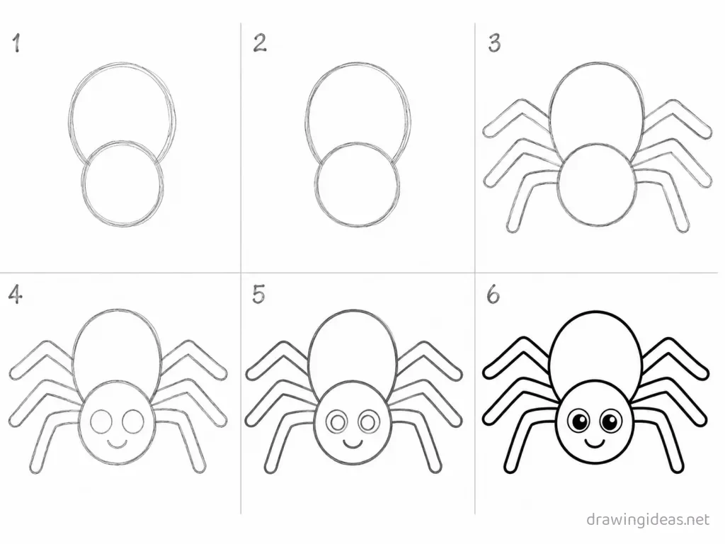 How to draw a spider step by step — 6-step spider drawing tutorial grid