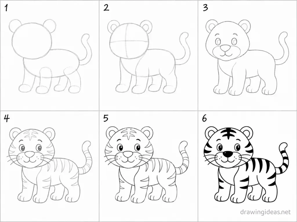 How to draw a tiger step by step — 6-step tiger drawing tutorial grid