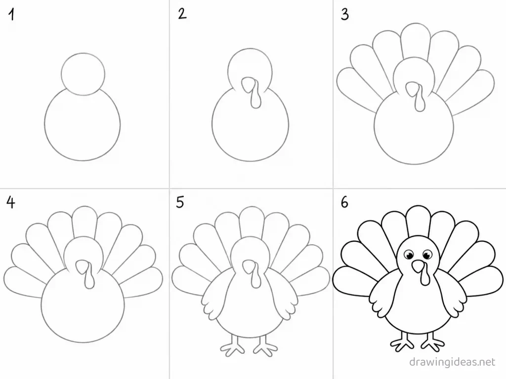 How to draw a turkey step by step — 6-step turkey drawing tutorial grid