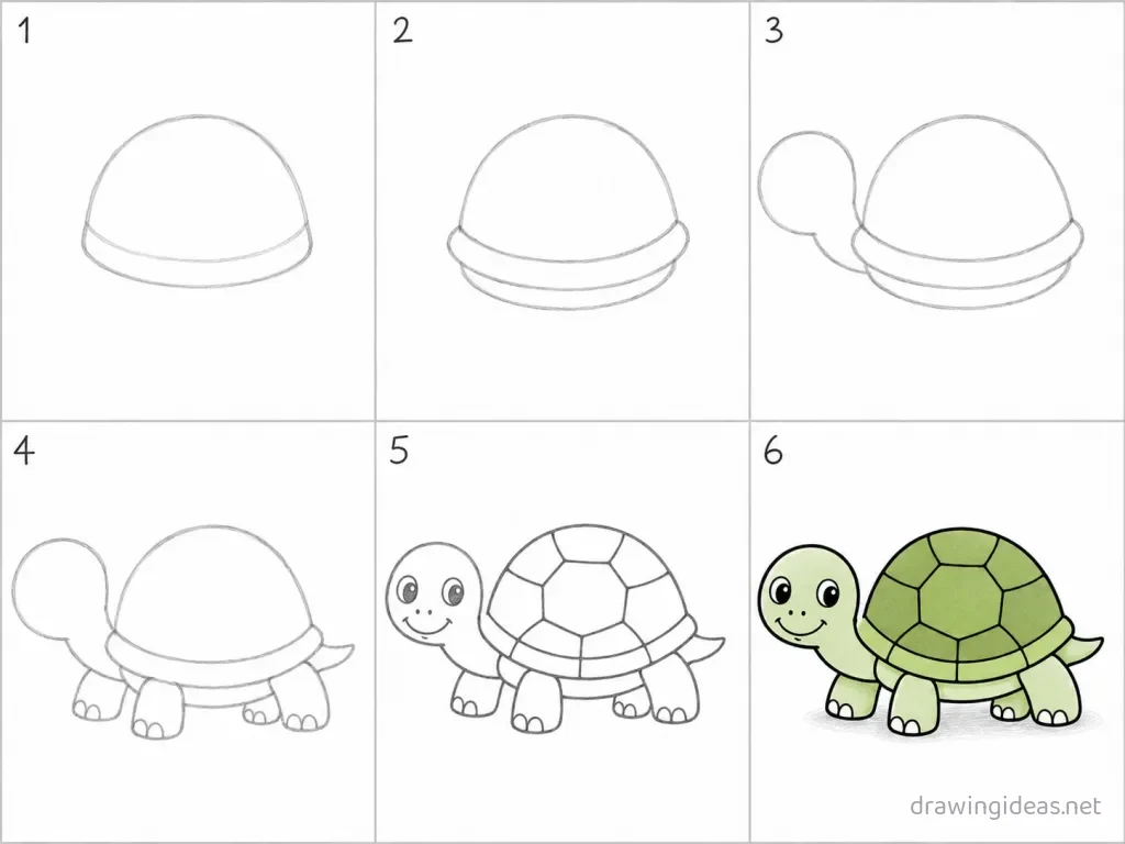 How to draw a turtle step by step — 6-step turtle drawing tutorial grid