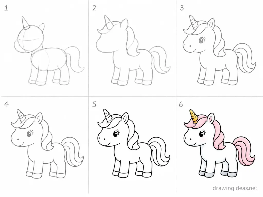 How to draw an unicorn step by step — 6-step unicorn drawing tutorial grid