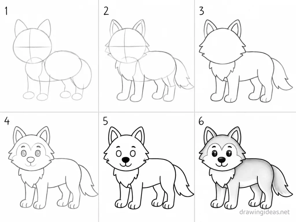How to draw a wolf step by step — 6-step wolf drawing tutorial grid