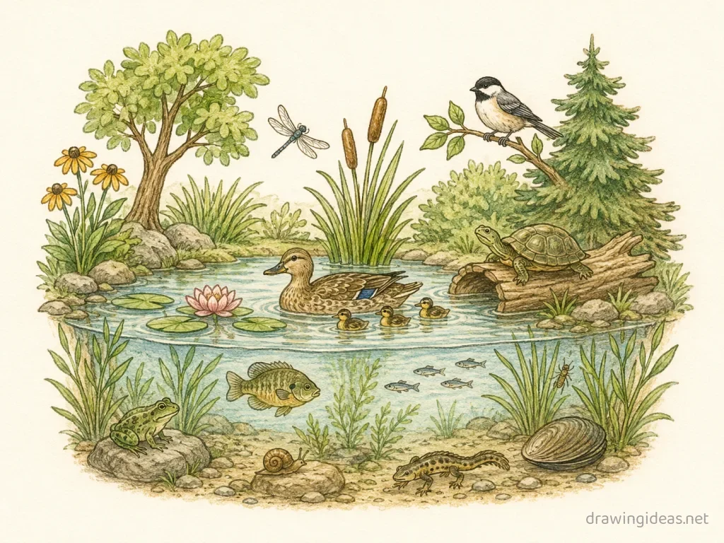 Ecosystem drawing — hand-drawn ecosystem illustration with ink lines and soft colors