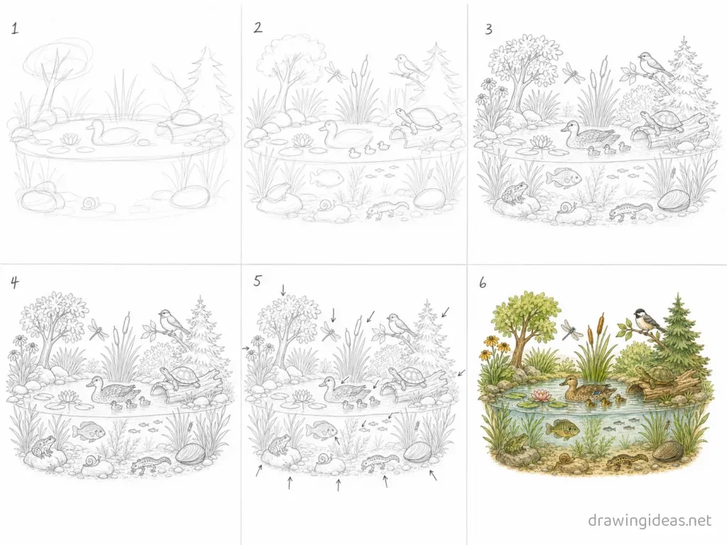 How to draw an ecosystem step by step — 6-step ecosystem drawing tutorial grid