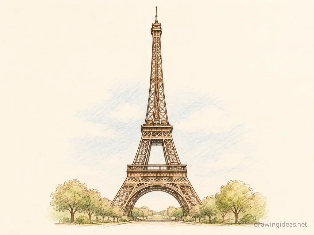 Eiffel Tower drawing — hand-drawn Eiffel Tower illustration with ink lines and soft colors