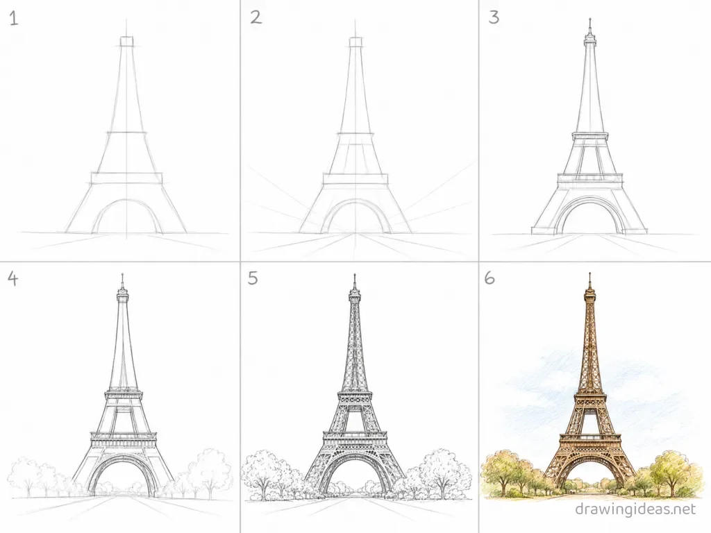 How to draw the Eiffel Tower step by step — 6-step Eiffel Tower drawing tutorial grid
