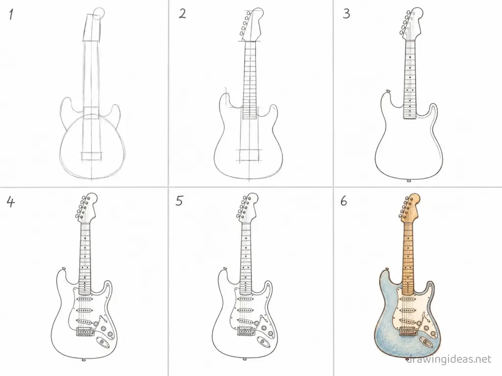 How to draw an electric guitar step by step — 6-step electric guitar drawing tutorial grid