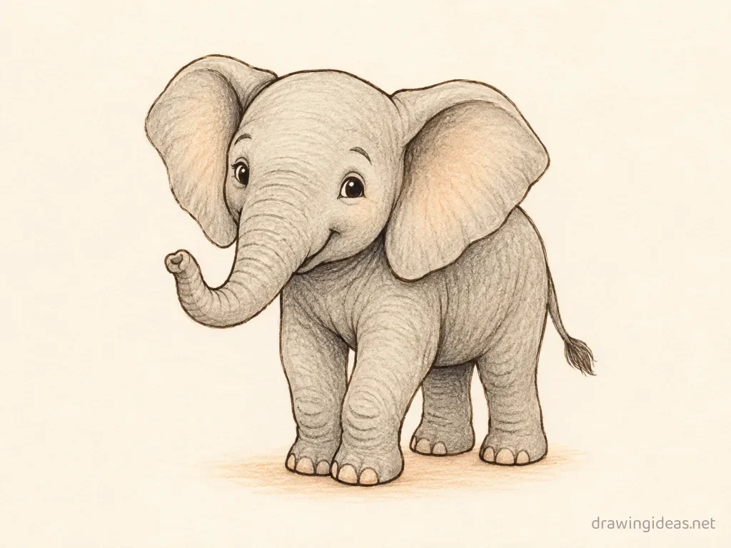 Elephant drawing — hand-drawn elephant illustration with ink lines and soft colors